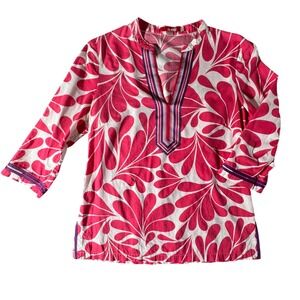 Boden Tunic Top Women 8 Pink White Petal Print 3/4 Sleeve Cotton Coastal Blouse
